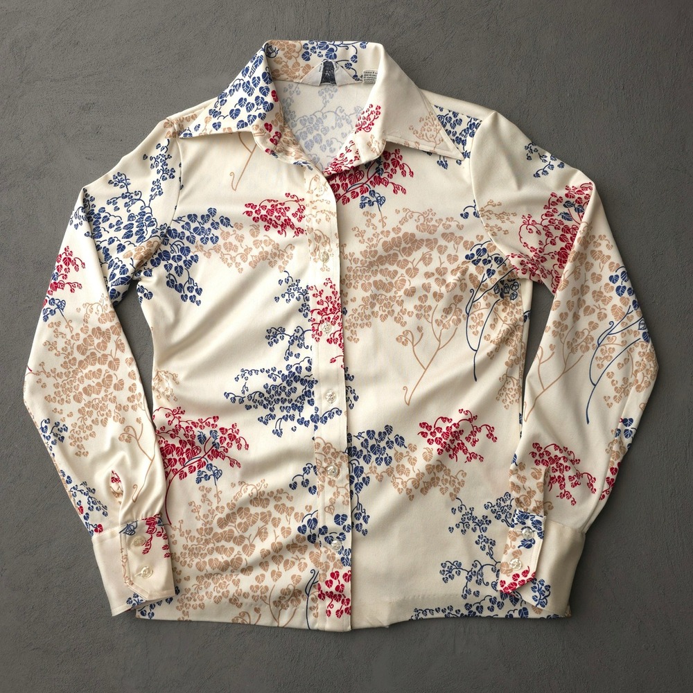 Vintage 70s Hoops & Co. Cream Floral Button Up Shirt Medium Leaf Print